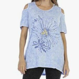 Jess & Jane Mono Flower Mineral Washed Cotton Cold Shoulder Tunic Top 1X